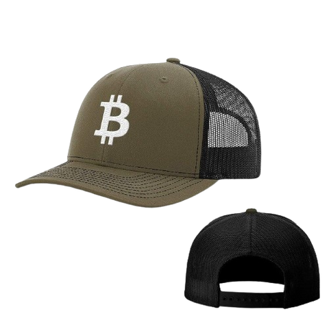 Loden Green Black Bitcoin logo Trucker Hat