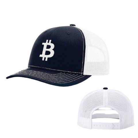 Navy White Bitcoin logo Trucker Hat